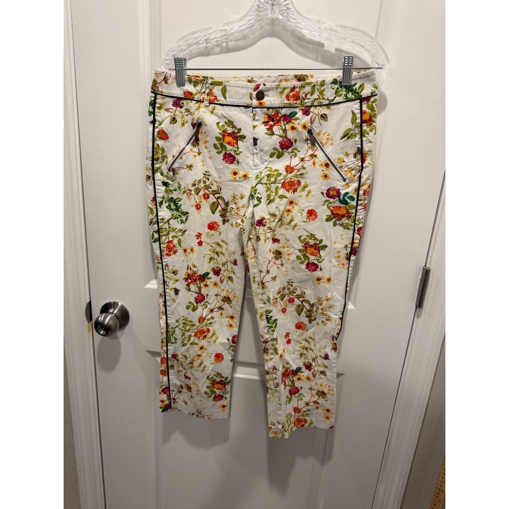 Disney Alice Womens Cropped Pants Floral Botanical Print White Size 8